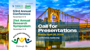A lit bridge against a sunset sky with white overlay rectangle on the left with the NAAEE and PAEE logos at the top and text underneath that says, "53rd Annual Conference. November 6–9. 21st Annual Research Symposium November 5–6." Under the text is the words "Building Bridges" in an arc. Below that is an icon of three human figures holding hands, with arms outstrecthed. "Pittsburgh, PA" is at the bottom. To the right, "Call for Presentations. Due by April 26, 2024. conference dot naaee dot org"