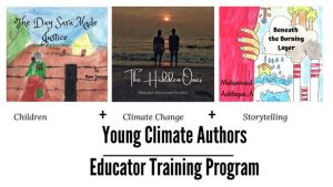 At the top in bold is text that reads, "Cogitation Club" and under that is a row of three colorful book covers. Under each cover is text that reads, "Children. Climate Change. Storytelling." Then under that is more text that says, "Young Climate Authors. Educator Training Program. Amplifying children's voices on climate change."
