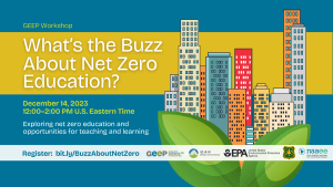 Illustration of skyscrapers behind plants with text: "GEEP Workshop, What's the Buzz About Net Zero Education, December 14, 2023, 12–2 PM U.S. ET, Exploring net zero education and opportunities for teaching and learning. Register: bit.ly/BuzzAboutNetZero and Logos for GEEP, Taiwan Ministry of Environment, US EPA, NAAEE