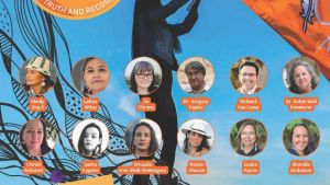 An image of a woman with an 'Every Child Matters' flag, overlayed with bio-pics of 12 Indigenous Experts. A badge/logo reveals '4 Seasons of Indigenous Learning' and 'Towards Truth and Reconciliation' 