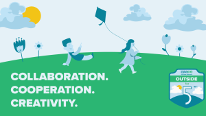 NAAEE Affiliate Network Outside for 5 badge rests below blue and green illustrated image of children playing outside. White text says "Collaboration. Cooperation. Creativity."