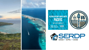 White background with photos and logos. From left to right: A photo of a coastal shoreline, another photo of an island, and three logos (1) Keeping History Above Water, (2) Pacific Islands Climate Adaptation Research and Development (PICARD) (3) SERDP, DOD, EPA, DOE