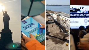 Four photos in a grid showing the Statue of Liberty, a conference book, a shoreline, and a conference presentation