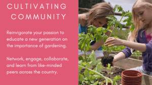 Flyer with text on the left that reads, "Cultivating Community" and on the right is a photo of two people holding potted herbs