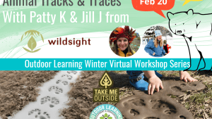 Graphic divided in half by a blue bar with text that reads, "Outdoor Learning Winter Virtual Workshop Series." Top half displays text, "Stories in the Wild: Animal Tracks & Traces with Patty K and Jill J from WildSight. Feb 20. Free!" Bottom half shows two photos side-by-side of animal tracks in the snow and mud.