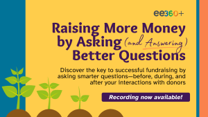 On yellow background, "eeWEBINAR for Raising More Money by Asking (and answering) Better Questions." in purple text 