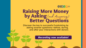 On yellow background, "eeWEBINAR for Raising More Money by Asking (and answering) Better Questions." in purple text 