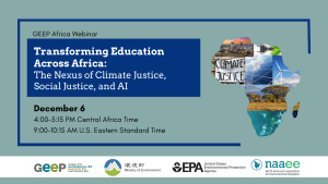 Graphic of the African continent made up of sustainability imagery with the words "GEEP Africa Webinar: Transforming Education Across Africa"