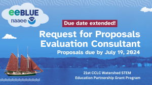 Blue background of a body of water with a boat sailing in from the left. The eeBLUE / NAAEE / NOAA logo is at the top left. White text on the right says, "Request for Proposals Evaluation Consultant. Proposals due by July 15, 2024. 21CCLC Watershed STEM Education Partnerships Grant Program"