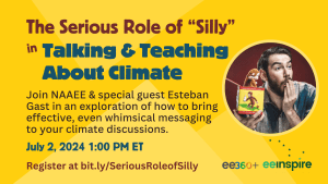 Esteban Gast holds a Curious George jack-in-the-box with the words "The Serious Role of "Silly" in Talking and Teaching About Climate Change"