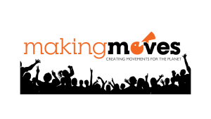 Silhouettes of group cheering with the Making Moves logo