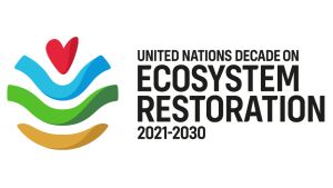 Circle icon on the left showing three swirly lines—from the bottom up: brown, green, and blue—with a red heart at the top. The words in black and bold on the right say, "United Nations Decade on Ecosystem Restoration 2021–2030"