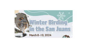 Graphic with a photo of a bird on the left and bold blue text that reads, "Winter Birding in the San Juans. March 8–10, 2024"