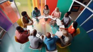 Image of people sitting around a round table in a workshop