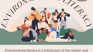 Light brown graphic with two logos at the top. The logo on the left is the AAEE logo and the one on the right is the Environmental Literacy in Your Community logo. Under that is brown text, "Environmental Literacy" arching over an illustration of various people standing and sitting while reading or holding a book. Under the illustration is more text, "Environmental literacy is a critical part of the mission and work of AAEE." Text continues in post.