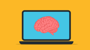Illustration of a laptop with a brain showing on the screen