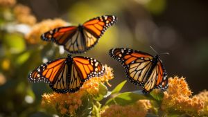Three monarch butterflies on flower in Summer