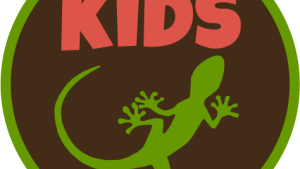 a green gecko logo on a brown background
