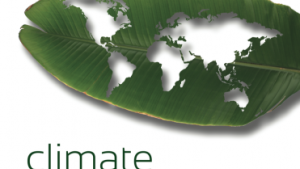 Leaf with an outline of the countries cut into it and the text "Climate Choices" in green at the bottom left