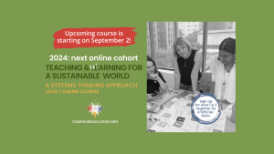 Green graphic with text that says, "2024: next online course! Teaching and learning for a sustainable world."