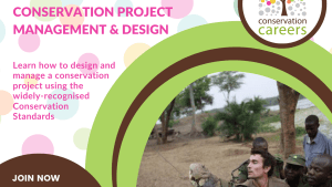 Multi-color dotted background with the Conservation Careers logo on the upper right and a photo of a group of people holding a crocodile on the bottom left. Text is in the body of the text.