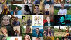 A collage of portraits with the Conservation Careers logo in the center