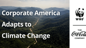Photo of a mountain forest range with white text in front of the photo that says, "Corporate America Adapts to Climate Change." On the right are the WWF and Coca-Cola logos
