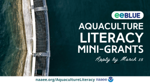 Aerial photo of a circular fish farm by a body of water. On the right is the text, “eeBLUE,” layered on top of a white rounded rectangle. Below is white text that says, “Aquaculture Literacy Mini-Grants. Apply by March 15.” White border at the bottom with dark green text “naaee.org/AquacultureLiteracy,” and NAAEE and NOAA logos to the right.