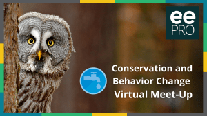 Photo of a great gray owl peeking out from a tree and white text to the right of it says, "Conservation and Behavior Change Virtual Meet-Up"