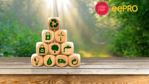 Small blocks representing sustainability concepts are stacked on a table in front of a sunlit forest.