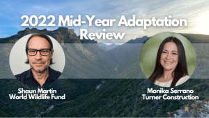 Background photo of a mountain and in front there is white text and two profile photos of a man and a woman. The white text says, "2022 Mid-Year Adaptation Review."