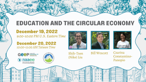 Blue illustrations of trees and a city landscape with text in the middle that says "Education and the Circular Economy. December 19, 2022 9–10 PM U.S. Eastern Time. December 20, 2022, 10–11 AM Taiwan Time"