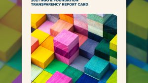 Graphic of colorful, bright wooden blocks framed by a light brown border with text that reads: Green 2.0 2021 NGO & Foundation Transparency Report Card