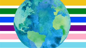 A large blue and green watercolor Earth with rows of Progress Pride flag colors in the background.