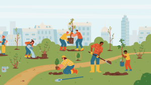 colorful illustration of people working in a city park