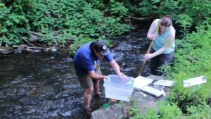 Two educators in a stream collecting water samples