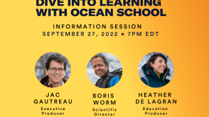 Ocean School's Free Online Information Session Poster. Event happens on Zoom on September 27 at 7pm Eastern. 