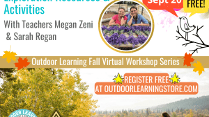 Graphic is divided in two. The top is a white background with blue text, a circlular photo of two women standingbefore a table set with bunches of purple flowers. The bottom half of the graphic is a photo of a group of kids sitting outside in an open grassy area with autumn-leaved trees behind.