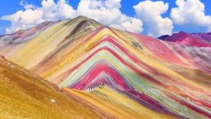 Landscape photo of rainbow-colored mountains