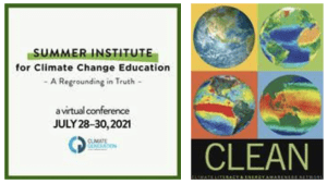 Promotional graphic reading: Summer Institute for Climate Change Education. Accompanied by a color graphic of four globes under heat maps, with the word Clean. 