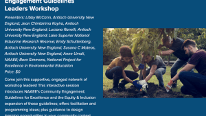 Blue background with white text that is included in body of text, and a photo of four people planting a tree on the right