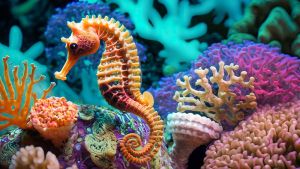 Close-up of a seahorse surrounded by coral