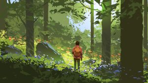 Illustration of person with backpack standing in middle of forest. Light shining through.