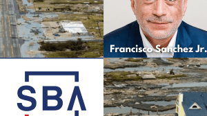 2 by 2 grid of photos. Starting the from the top right, going clockwise, a photo of a flooded road, a profile phoo of a person, a photo of a flooded residence, and the SBA logo