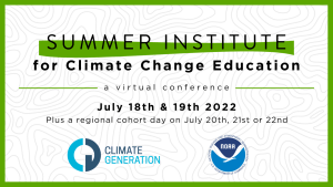 Light grey graphic bordered by a solid green line. Black text in the middle and also in post. Climate Generation and NOAA logos at the bottom.