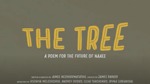 Illustration of yellow and light brown-green text that reads: "The Tree: A Poem for the Future of NAAEE"