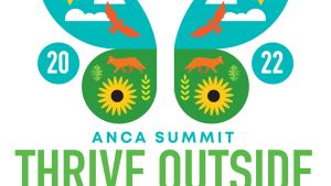 An icon of a butterfly with nature scenery within. Text: ANCA Summit, Thrive Outside | Irvine Nature Center | Owings Mills, MD | August 1-5