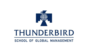 Blue logo of a bird with a globe instead of a chest and text below it that says, "Thunderbird: School of Global Management"