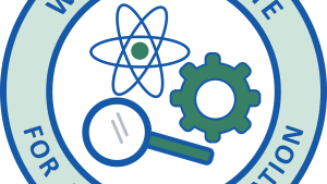 A circle bordered by a bold blue line with arched text that says "Wade Institute For Science Education" and in the inner concentric circle is a white background with three pictorial icons of a cell, a magnifying glass, and a gear