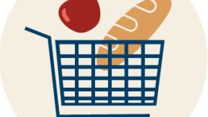 Illustration of a circle and inside, a shopping cart, an apple and a baguette.